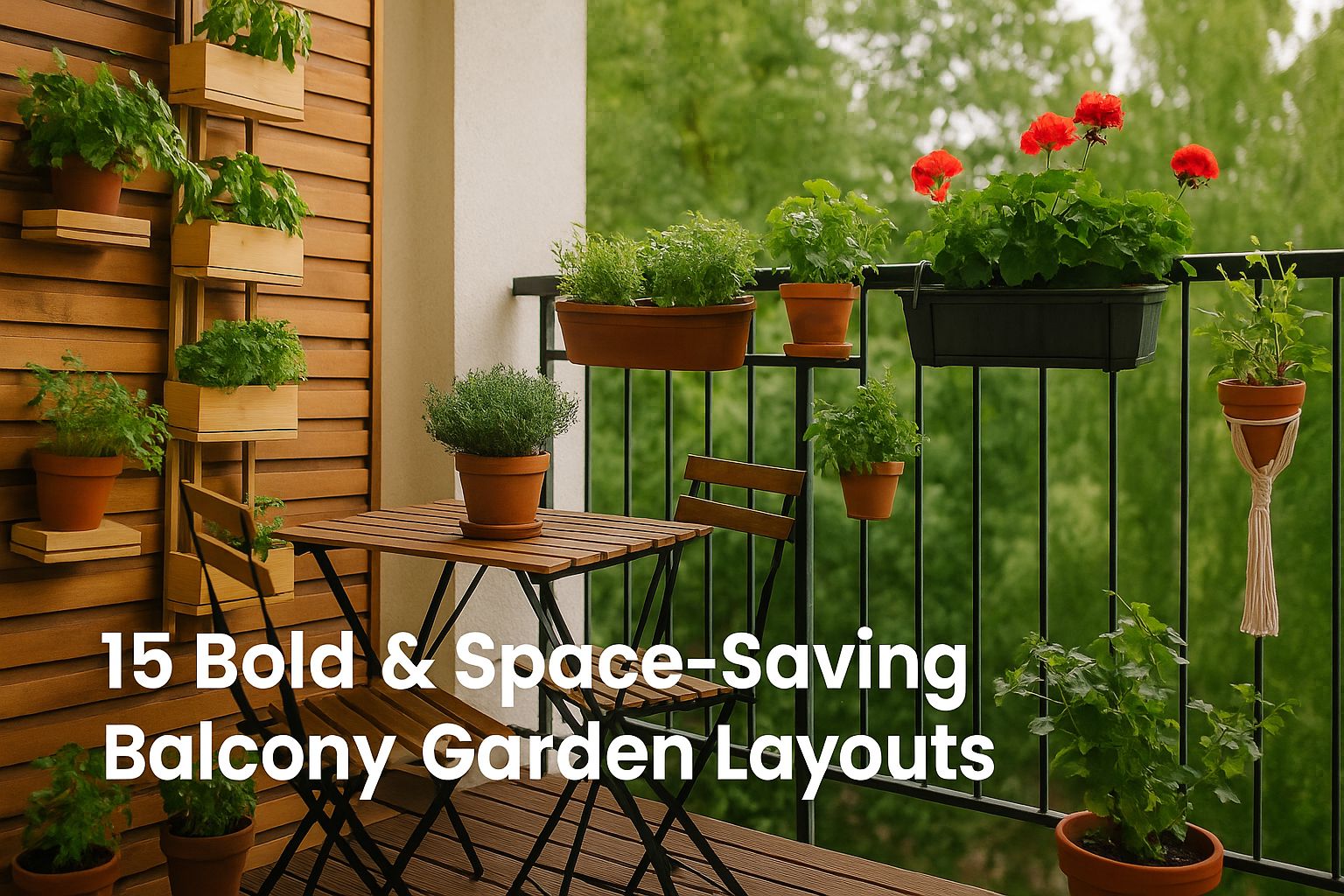 Balcony garden layout featuring wall-mounted planters, railing flower boxes, and compact furniture to illustrate 15 bold & space-saving designs – Urban Plant.